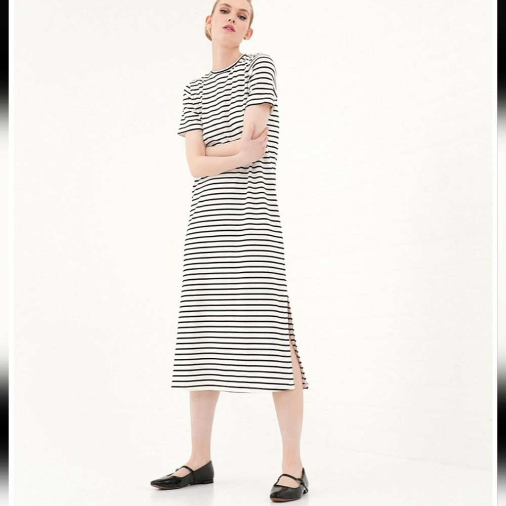 Le' AL.X Stripe Stretch Knit Crew Neck Short Sleeve T-Shirt Midi Dress xs